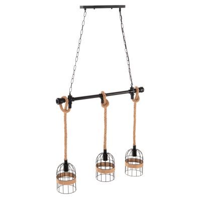 CEILING PENDANT 3-LIGHT LUMINAIRE HM4180 BLACK METAL-NATURAL HEMP ROPE 80x14,5x137Hcm.