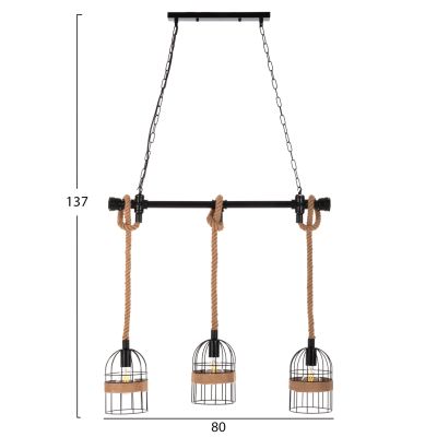 CEILING PENDANT 3-LIGHT LUMINAIRE HM4180 BLACK METAL-NATURAL HEMP ROPE 80x14,5x137Hcm.