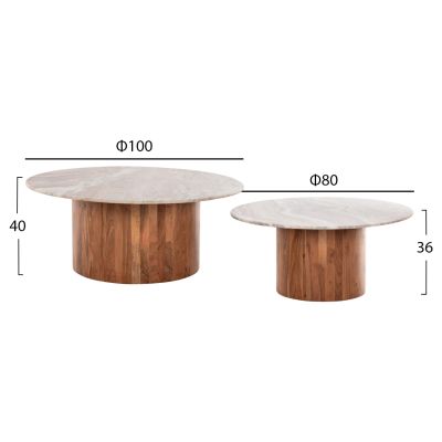 COFFEE TABLES 2PCS FORMEL HM11915 ACACIA WOOD IN NATURAL-WHITE MARBLE TOP Φ100 & Φ80 cm.