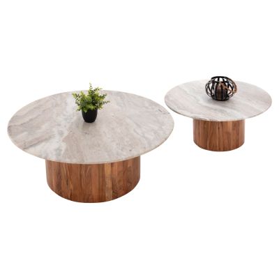 COFFEE TABLES 2PCS FORMEL HM11915 ACACIA WOOD IN NATURAL-WHITE MARBLE TOP Φ100 & Φ80 cm.