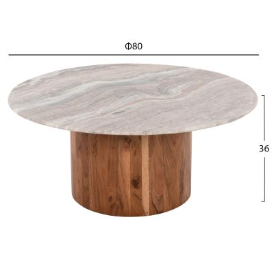 COFFEE TABLE FORMEL HM9672 ACACIA WOOD IN NATURAL-WHITE MARBLE TOP Φ80x36Hcm.