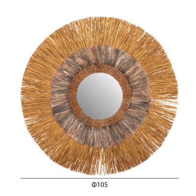 СТЕННО ОГЛЕДАЛО КРЪГЛО МЕНДОНГ ТРЕВА И ВЛАКНА ОТ АБАКА В ЗЛАТНО И ЧЕРНО ИЗМИВАНЕ Φ105Hcm.HM7796