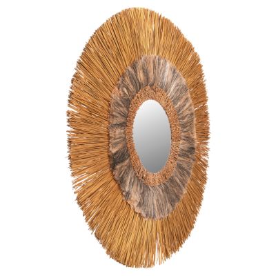 СТЕННО ОГЛЕДАЛО КРЪГЛО МЕНДОНГ ТРЕВА И ВЛАКНА ОТ АБАКА В ЗЛАТНО И ЧЕРНО ИЗМИВАНЕ Φ105Hcm.HM7796