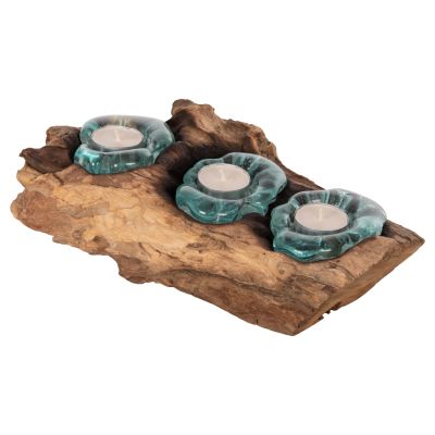 TABLE DECOR ΗΜ4282 CANDLE BASE-3 SPOTS-SOLID TEAK WOOD AND GLASS-NATURAL