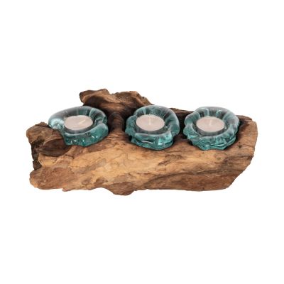 TABLE DECOR ΗΜ4282 CANDLE BASE-3 SPOTS-SOLID TEAK WOOD AND GLASS-NATURAL