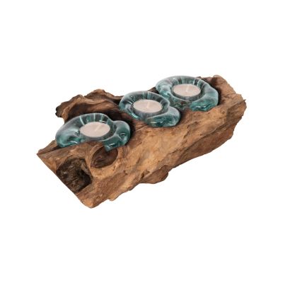 TABLE DECOR ΗΜ4282 CANDLE BASE-3 SPOTS-SOLID TEAK WOOD AND GLASS-NATURAL