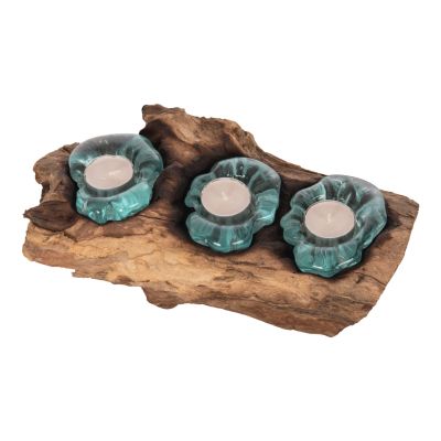 TABLE DECOR ΗΜ4282 CANDLE BASE-3 SPOTS-SOLID TEAK WOOD AND GLASS-NATURAL