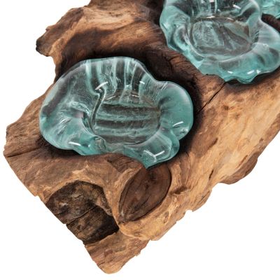 TABLE DECOR ΗΜ4282 CANDLE BASE-3 SPOTS-SOLID TEAK WOOD AND GLASS-NATURAL