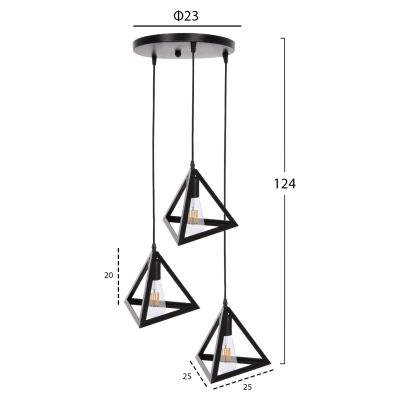 CEILING PENDANT LAMP HM4182 3 BLACK METAL CAPS PYRAMID Φ23x124Hcm.