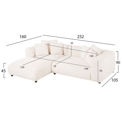 ЪГЛОВ ДИВАН (ЛЯВ) 3 МЕСТА GRACE HM3280.02L БЯЛ ДАМАС 252x105-160x70-90Hcm.